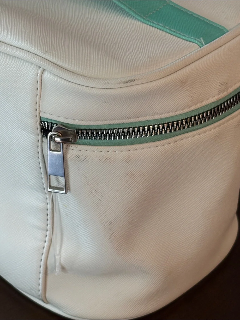Rae Dunn Cream Cosmetic Case with Teal Handle and Multicolor Rainbow